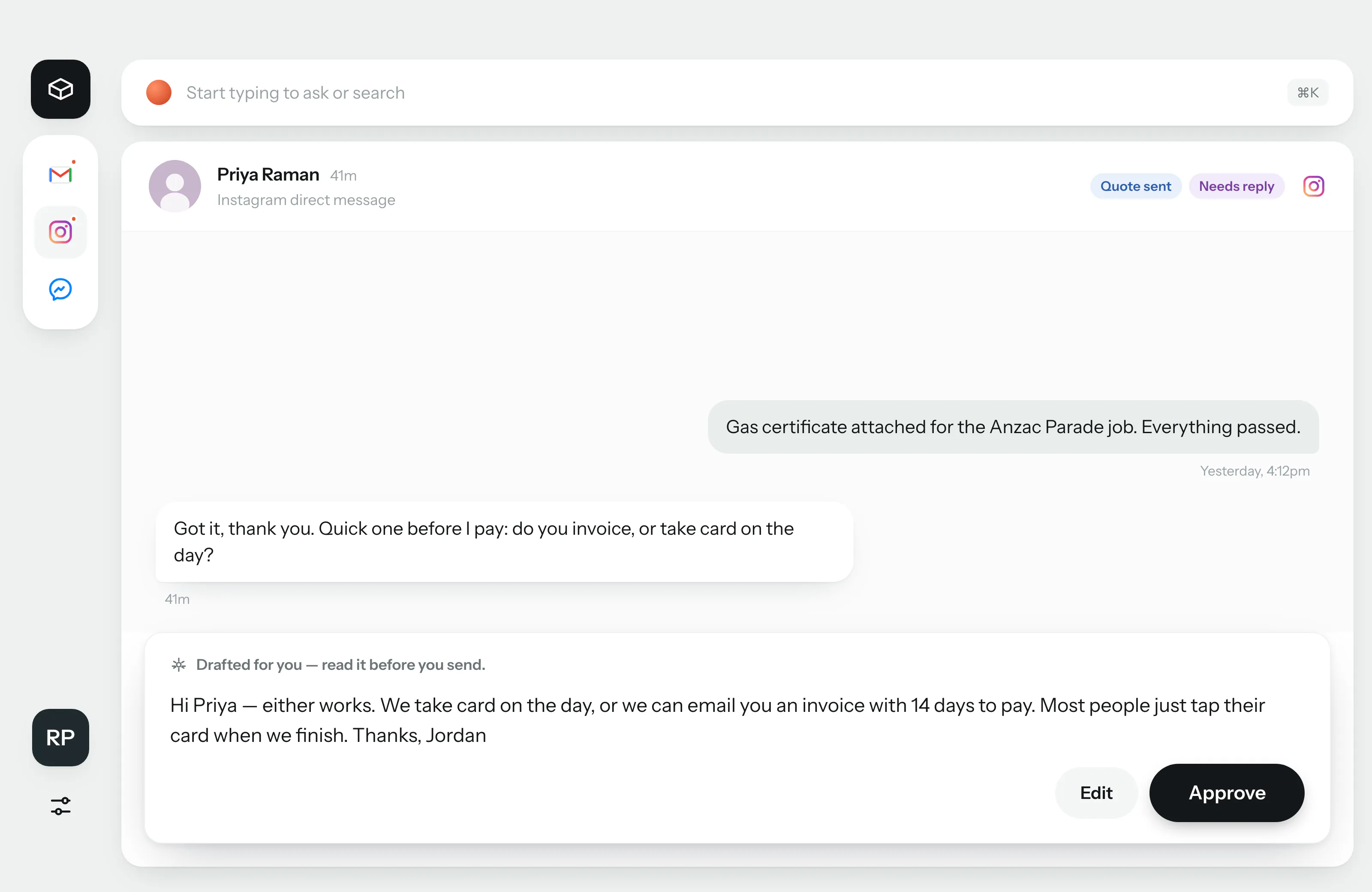 A drafted reply waiting in the composer, with the Approve button.