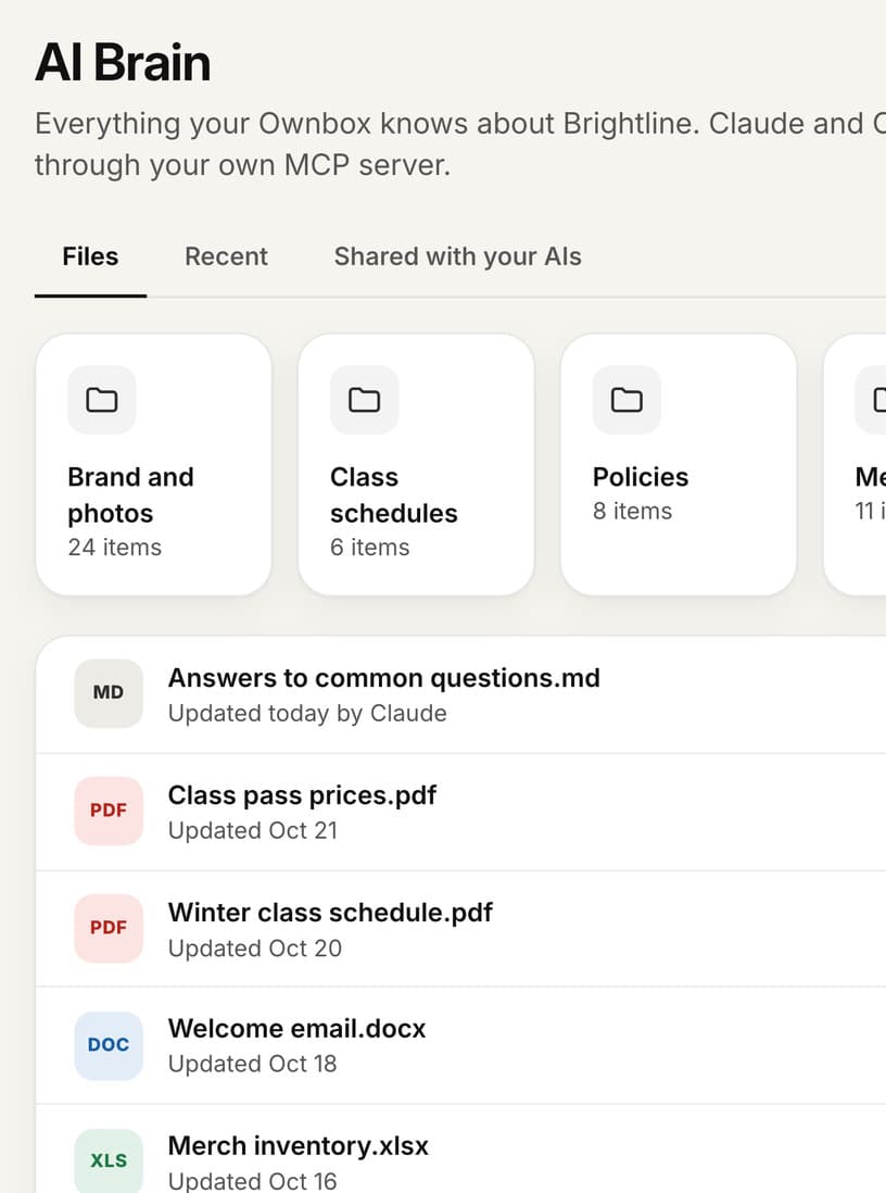 The Shared AI Business Brain on an Ownbox: the business's folders and files, with search across them.