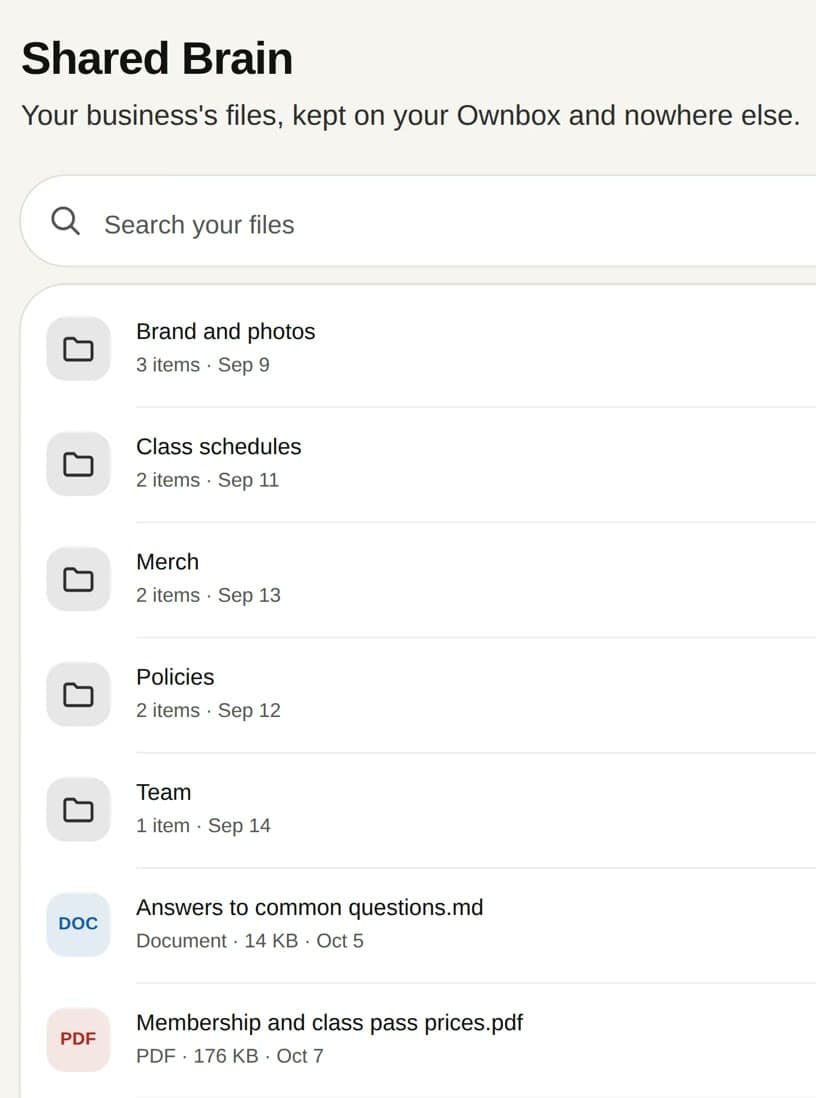 The Shared AI Business Brain on an Ownbox: the business's folders and files, with search across them.