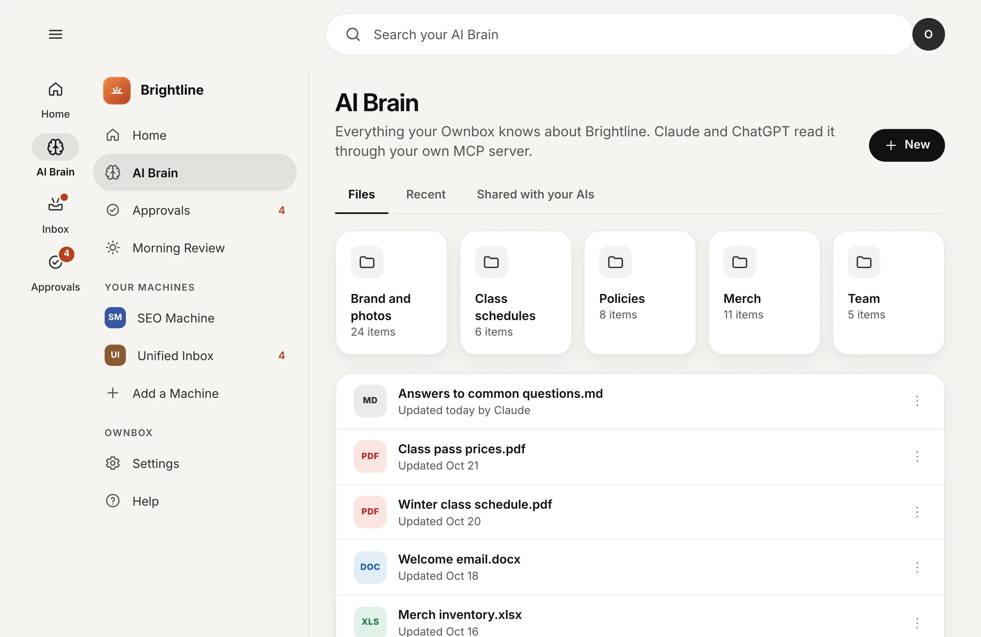 The Shared AI Business Brain on an Ownbox: the business's folders and files, with search across them.