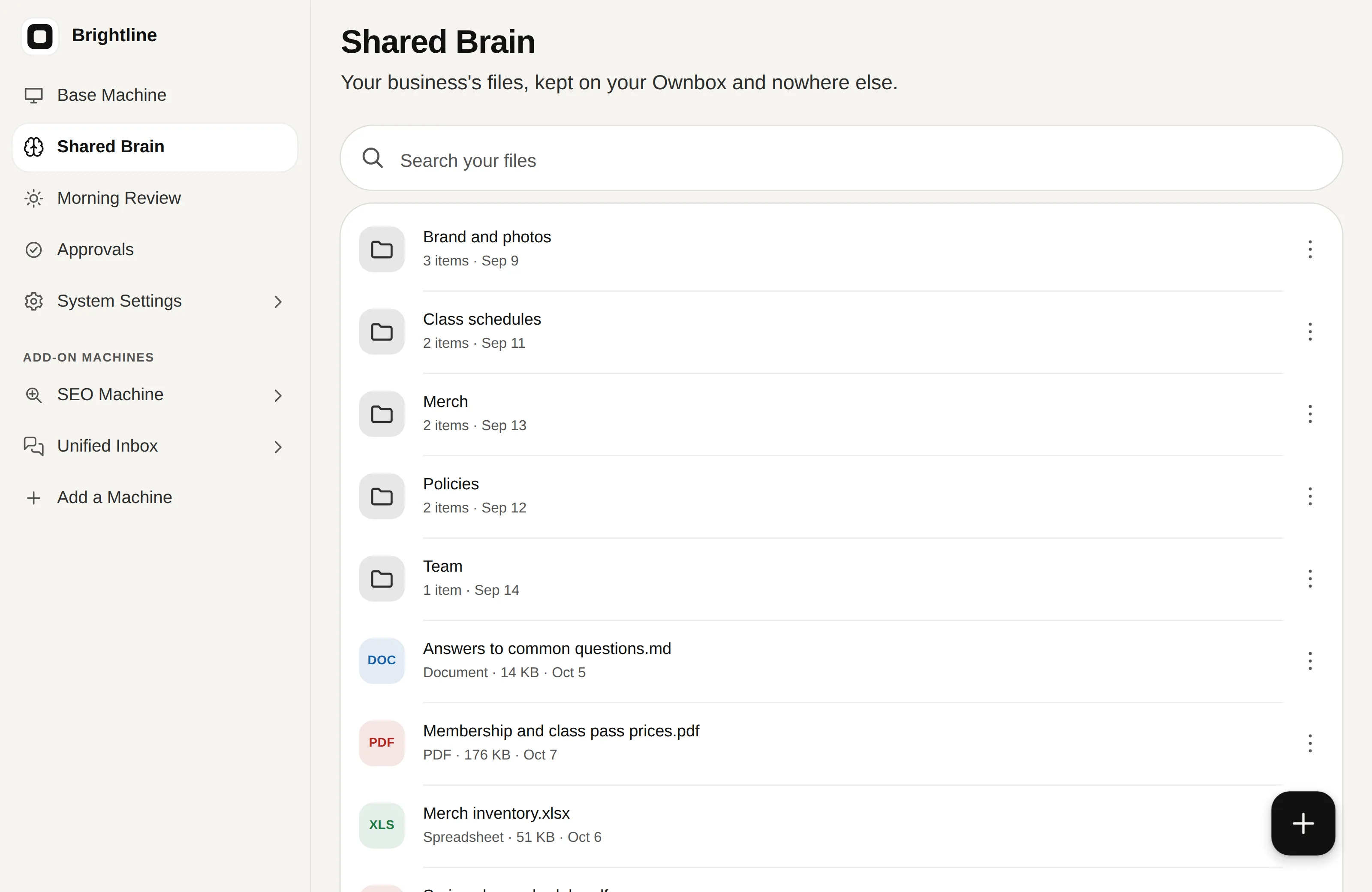 The Shared AI Business Brain on an Ownbox: the business's folders and files, with search across them.