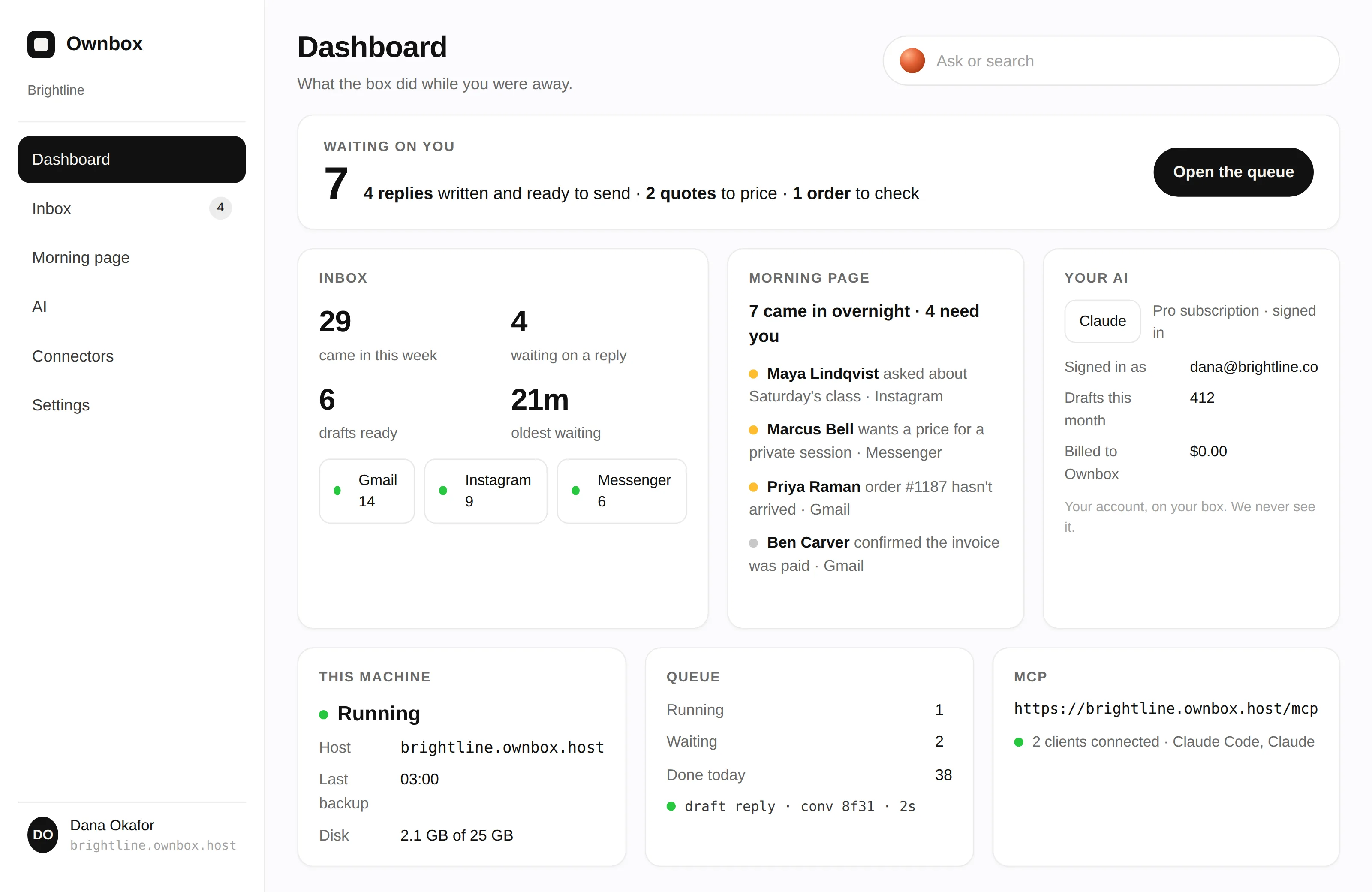 The Ownbox dashboard: what is waiting on you, the unified inbox, the morning page and the AI account.