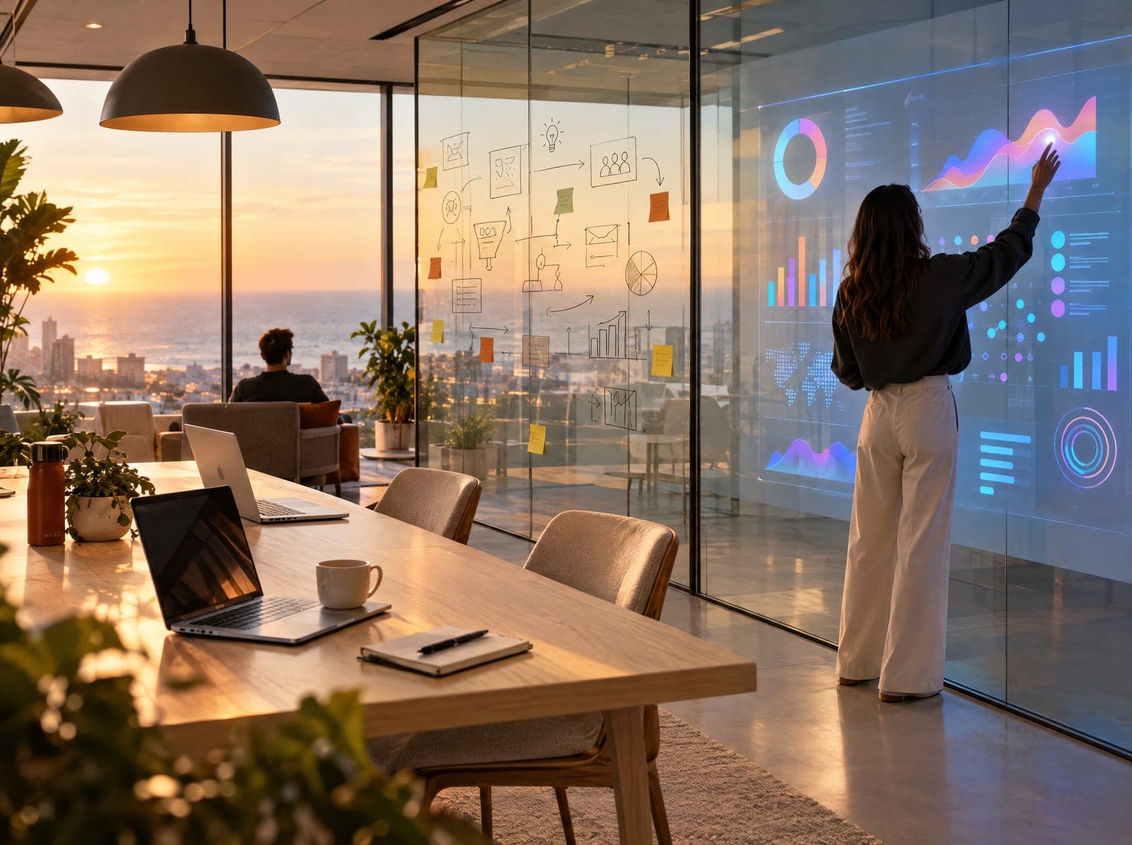 A marketing agency's studio at sunset: glass walls covered in campaign sketches, and a strategist working a projected dashboard.