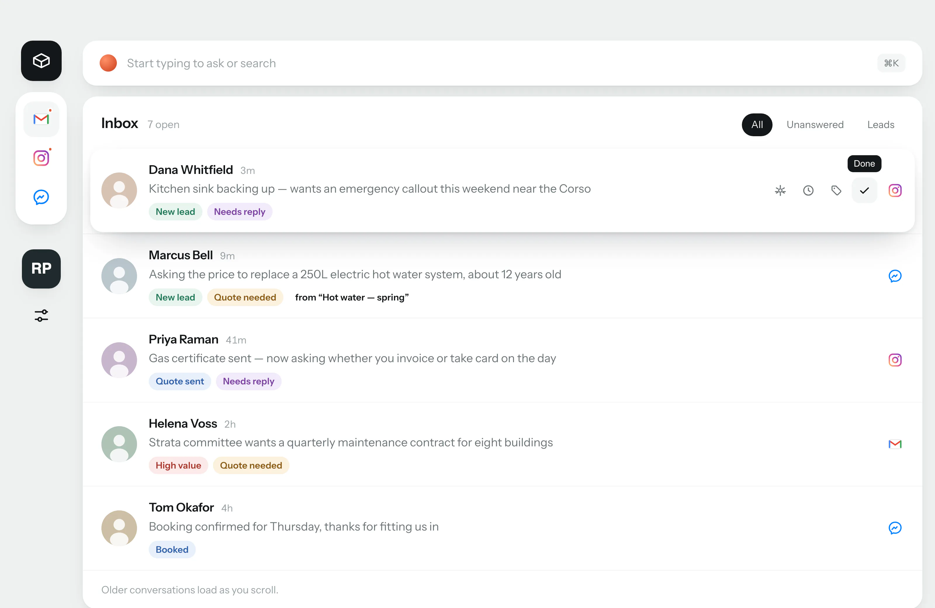The Ownbox inbox: one queue holding an email lead, an Instagram DM and a Messenger question.