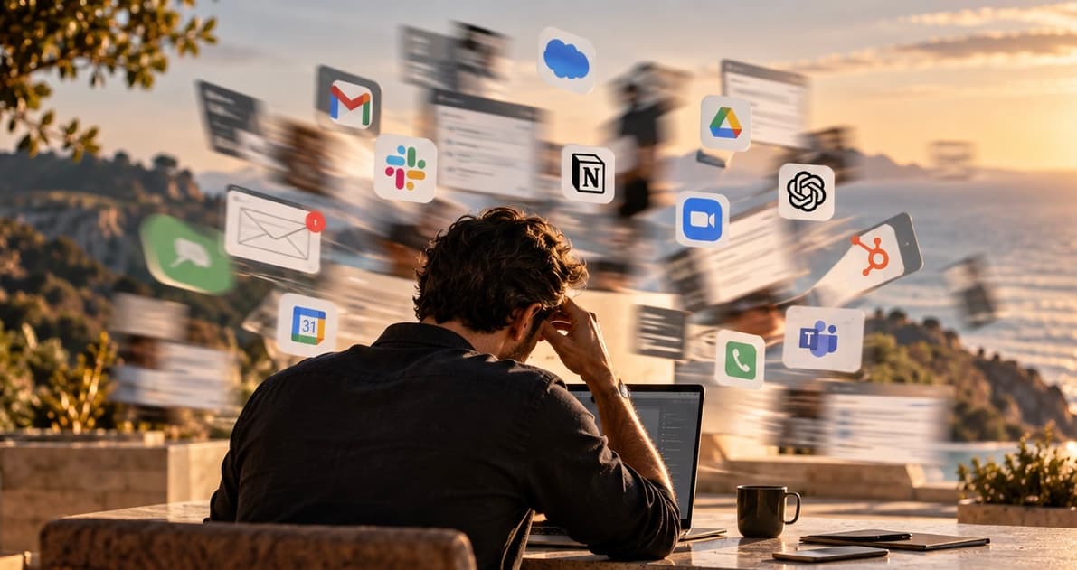 A business owner at a laptop, head in hand, surrounded by floating windows and the icons of a dozen apps: email, chat, calendars, documents, video calls, a CRM and AI chats.
