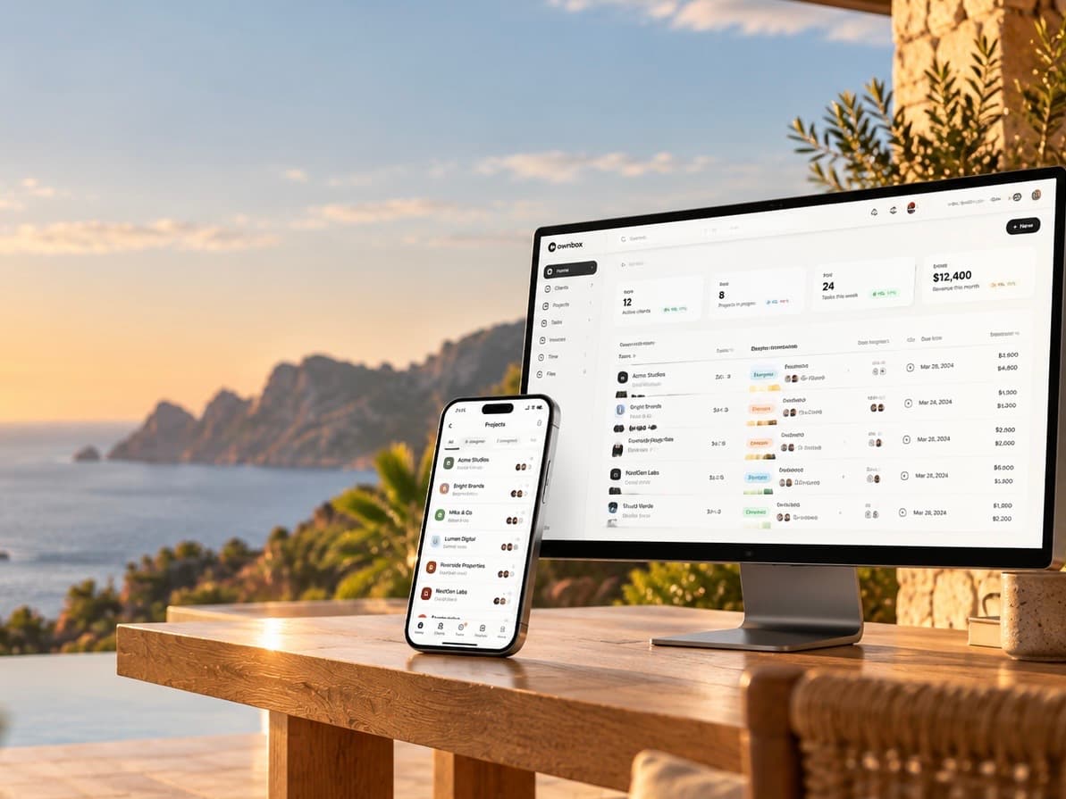 Ownbox on a desktop monitor and a phone, on a sunlit terrace above the sea.