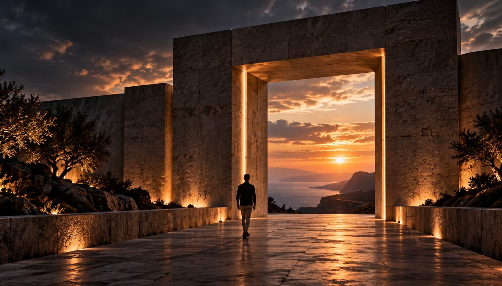 A person walking across a stone terrace toward a tall lit stone gateway, with the sun setting over the sea inside it.