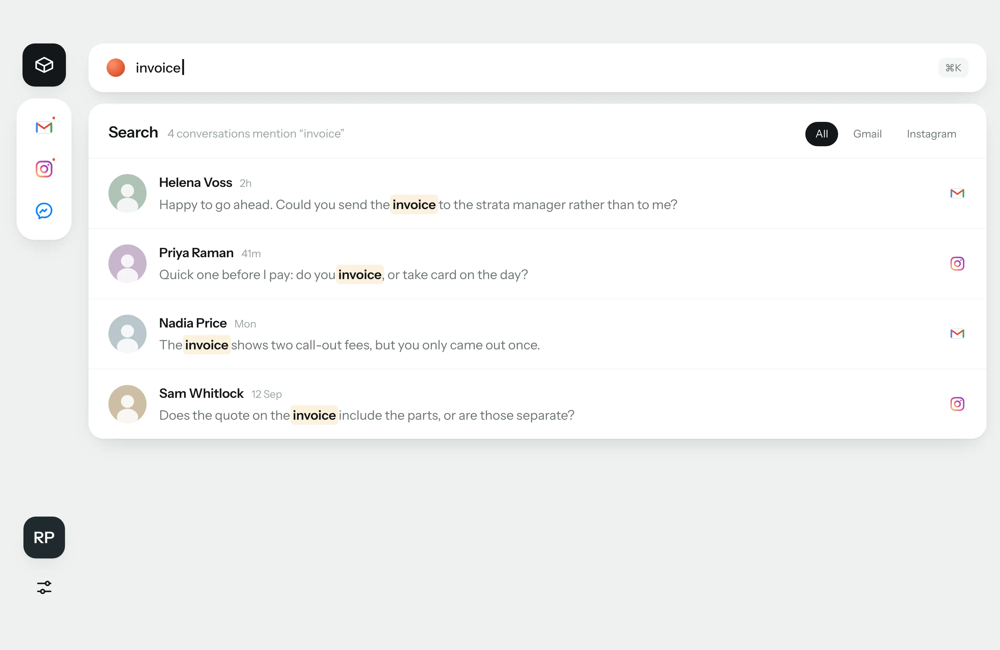 Search results for one word, across Gmail and Instagram.
