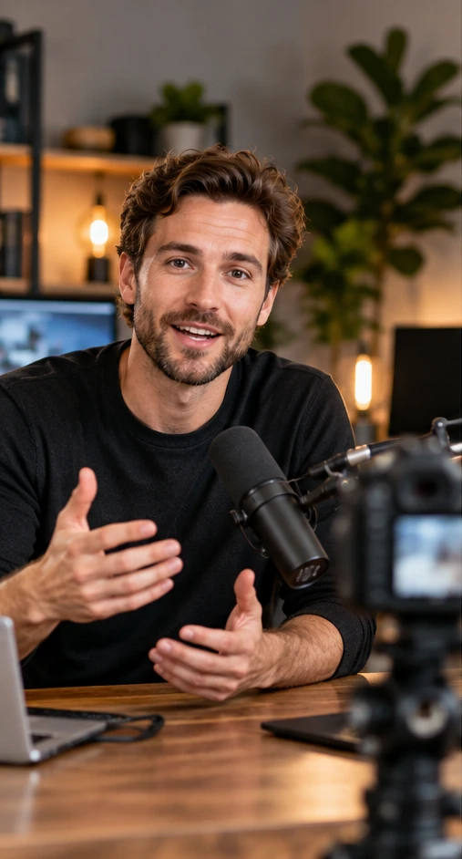 A creator talking to camera at a desk, with a microphone and a camera recording.