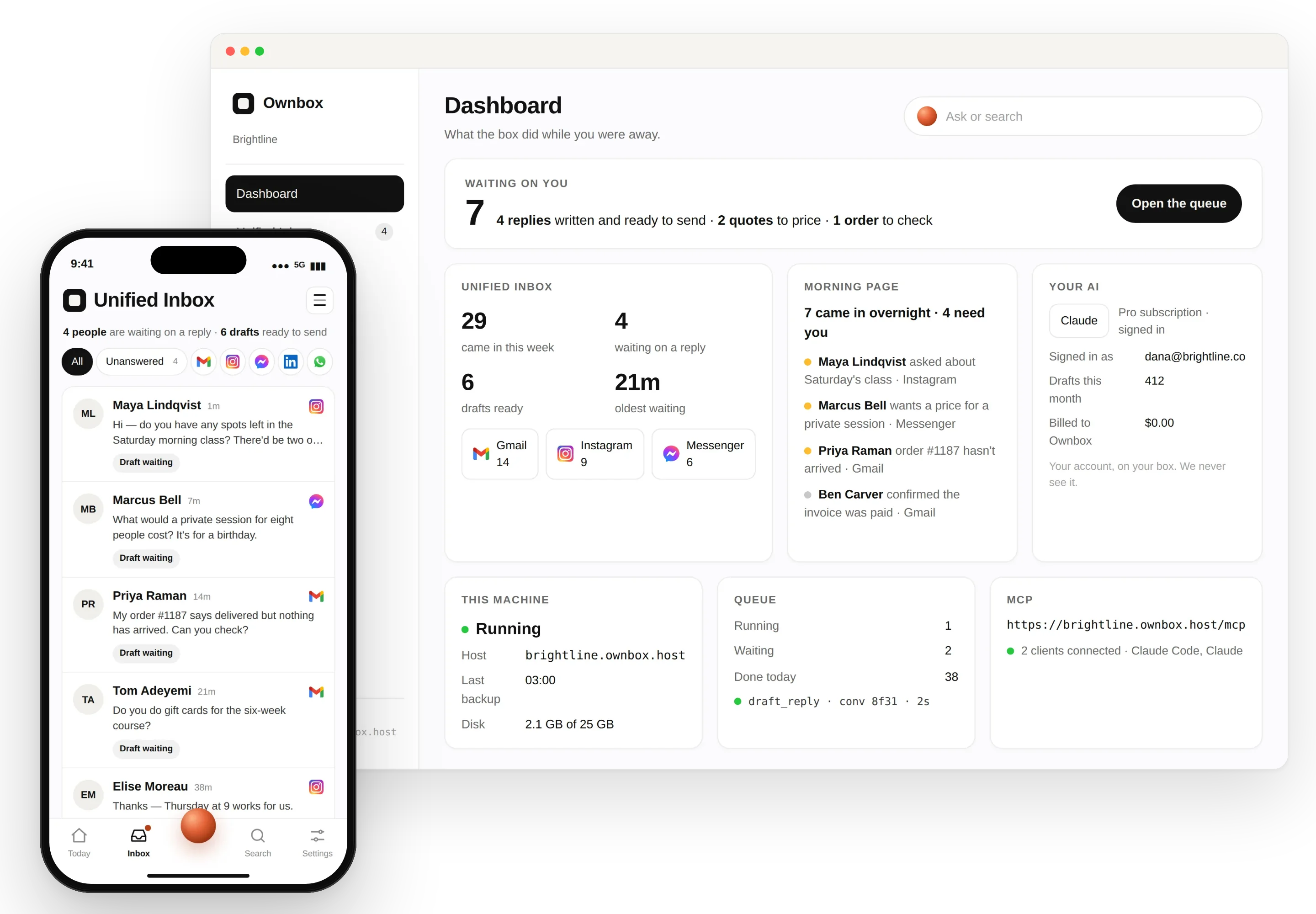 The Ownbox dashboard on desktop, with the inbox open on a phone.