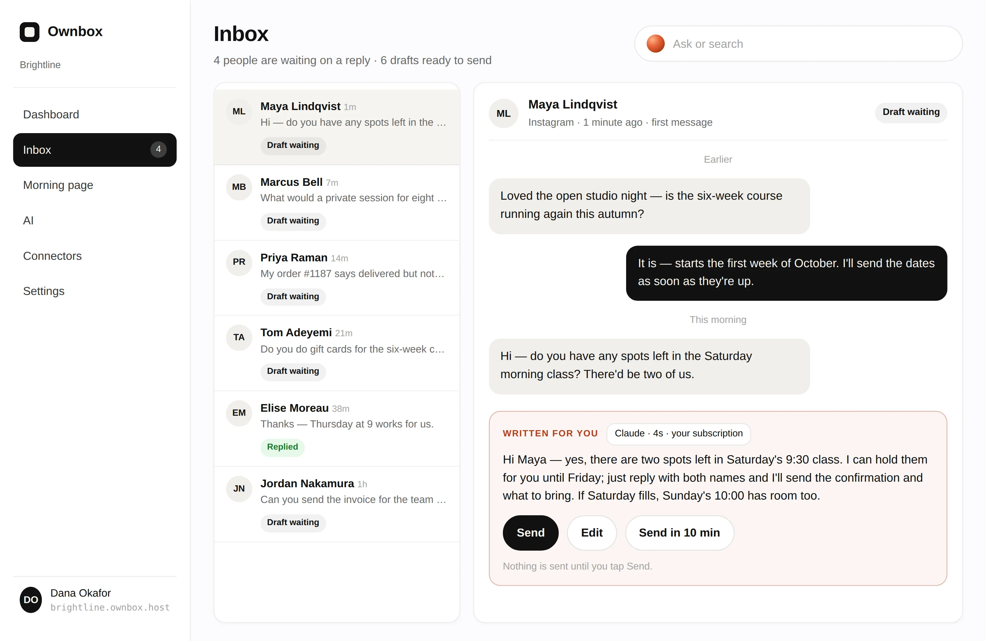 The Unified Inbox Machine: one queue of emails and DMs, each with a drafted reply.