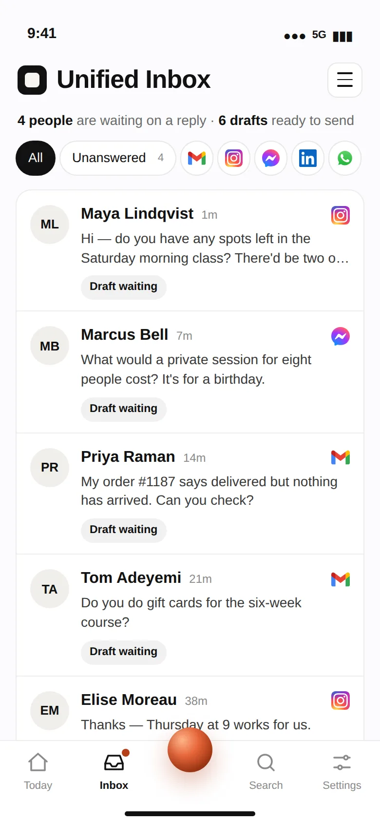 The Ownbox inbox on iPhone: four people waiting on a reply, six drafts ready.